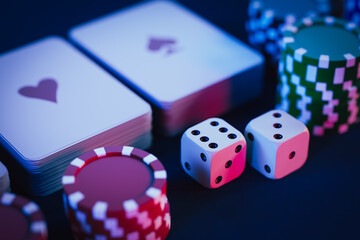 Background of gambling-related dice and chips, 3d rendering