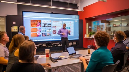 A snapshot of a colorful and engaging employee training session on a big screen with collaborative activities and enthusiastic participation.