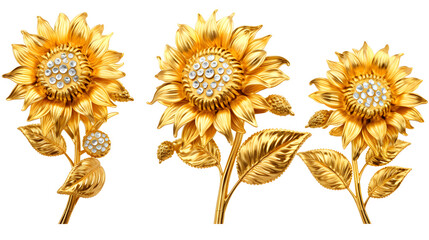 Set of various angle 3d sunflower made from gold and diamond isolated on white background