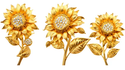 Tuinposter Set of various angle 3d sunflower made from gold and diamond isolated on white background © Dodoodle