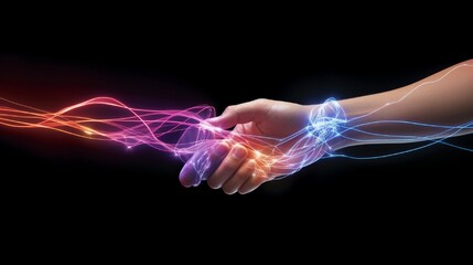 A symbolic representation of a virtual handshake using luminous, interconnected lines.