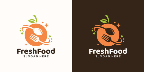 Fototapeta premium Fresh food concept logo design template. Orange fruit with spoon fork design graphic vector illustration. Symbol, icon, creative.