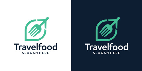 Travel food concept logo design template. Airplane logo with spoon fork design graphic vector illustration. Symbol, icon, creative.