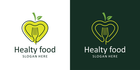 Health food logo design template. heart love logo with leaf fork design graphic vector illustration. Symbol, icon, creative. - obrazy, fototapety, plakaty