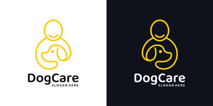 Pet care logo design template. People logo with dog with line style design graphic vector illustration. Symbol, icon, creative.
