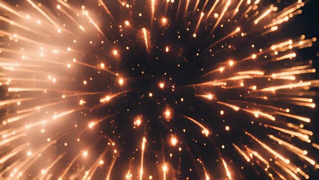 Closeup firework shell exploding sky, with brilliant burst light loud crackling sound. explosion creates large ball stars that slowly dissipates falls back down ground, leaving