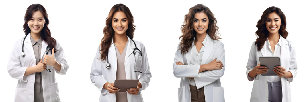 Set of Portrait of doctor young woman happy smiling and standing posing arms crossed, thump up, hand holding using tablet computer, isolated on white background, png