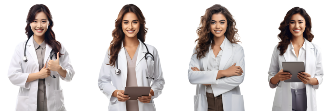 Set of Portrait of doctor young woman happy smiling and standing posing arms crossed, thump up, hand holding using tablet computer, isolated on white background, png
