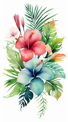 Watercolor tropical leaves and flowers illustration