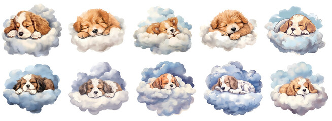 Fototapeta premium set of cute sleeping dogs on cloud, transparent, isolated Background, png, generated ai
