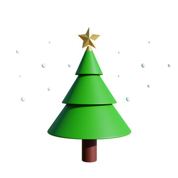 Pine trees and stars with falling snow in the Christmas season. 3d illustration