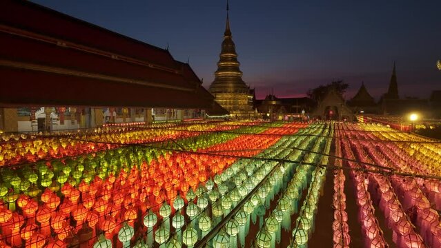 Paper lanterns in the Yee Peng Festival decorate around Lumphun downtown, Thailand.