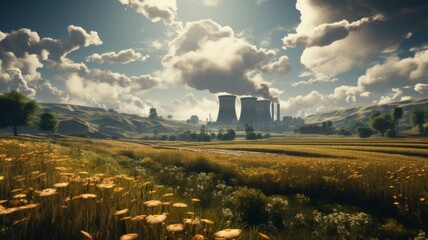 Nuclear power plant with chimneys in a rural landscape with flowers and blue sky.