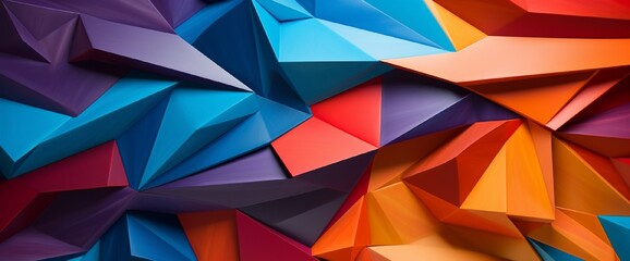Abstract polygons intersect and overlap in a burst of vivid colors, forming a lively and vibrant 3D wall decor that adds dynamism to any space. - obrazy, fototapety, plakaty