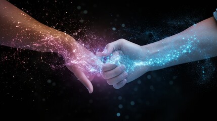 Abstract representation of a virtual handshake through glowing particles converging in unity.