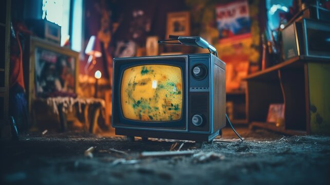 Vintage TV on the floor in the old house, vintage style