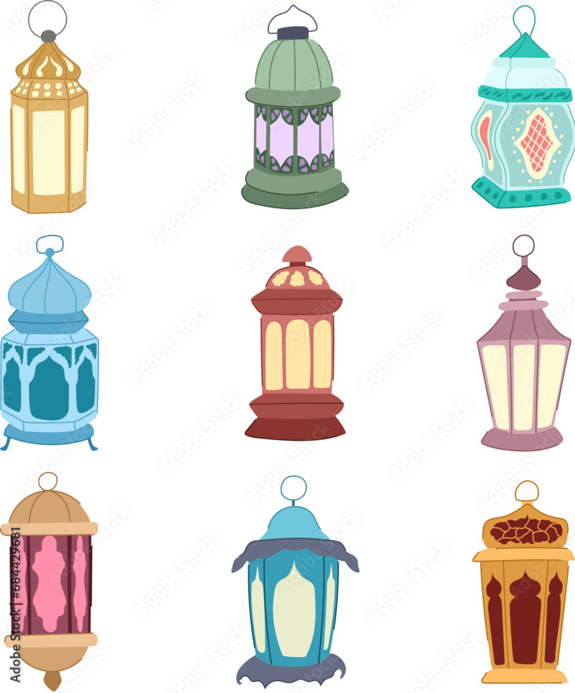 Poster arabic lantern set cartoon. light islamic, religion eid, islam culture arabic lantern sign. isolated symbol vector illustration