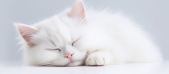 In the isolated white background, a cute young white cat with beautiful purebred fur, peacefully sleeps, displaying its funny and adorable features through closed eyes.