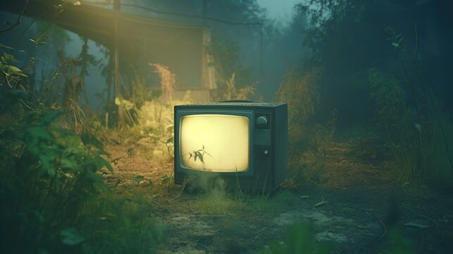 Vintage TV on the floor in the old house, vintage style