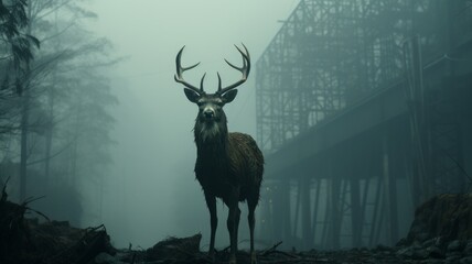 Foggy winter forest with a deer on the road. Winter landscape with cloud forest, reindeer and road.