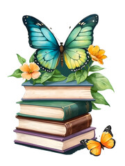 Watercolor of stack of books butterfly flower and leaves on transparent background