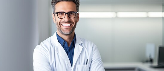 In the business world, a man with white hipster glasses poses for a portrait, his happy face beaming with a healthy smile as a dentist in a white isolated background, portraying a confident and dental - obrazy, fototapety, plakaty