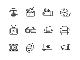 Set of cinema and movie icons in linear style on white background