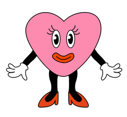 Retro 70s 60s 80s Hippie Groovy Valentine day lovely Heart Character girl smile. Mascot in Funky trendy cartoon style. Vector flat illustration.