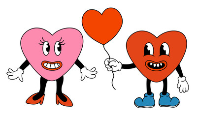 Retro 70s 60s 80s Hippie Groovy Valentine day lovely Hearts Characters girl and boy. Give balloon. Mascots in Funky trendy cartoon style. Vector flat illustration.