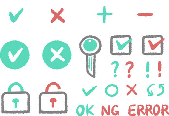 Hand drawn security, check mark and padlock icon set / 手描きのセキュリティ、チェックマーク、南京錠のアイコンセット