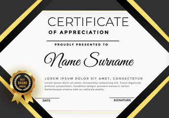 Black and gold certificate of appreciation border template with luxury badge and modern line and shapes. - obrazy, fototapety, plakaty