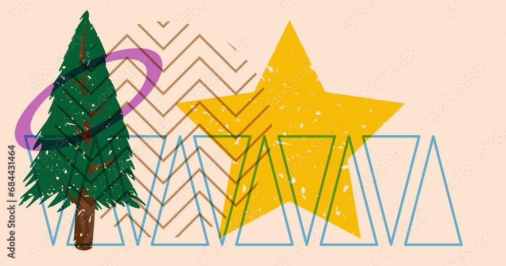 Poster risograph pine tree with geometric shapes animation. moving holiday object in trendy riso graph desi