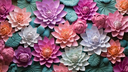 An artfully crafted 3D wall featuring an arrangement of lotus flowers, their petals exquisitely...