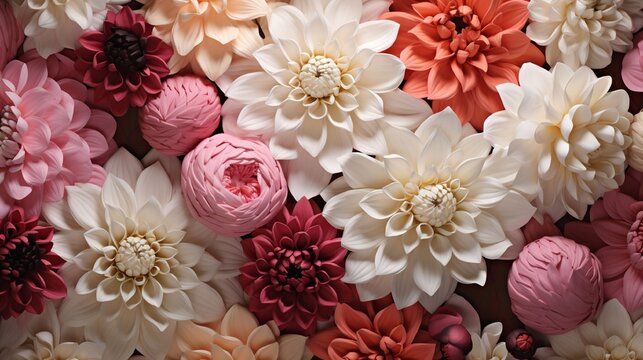 An artistic 3D wallpaper depicting an arrangement of dahlias and peonies, their petals seemingly soft to the touch.