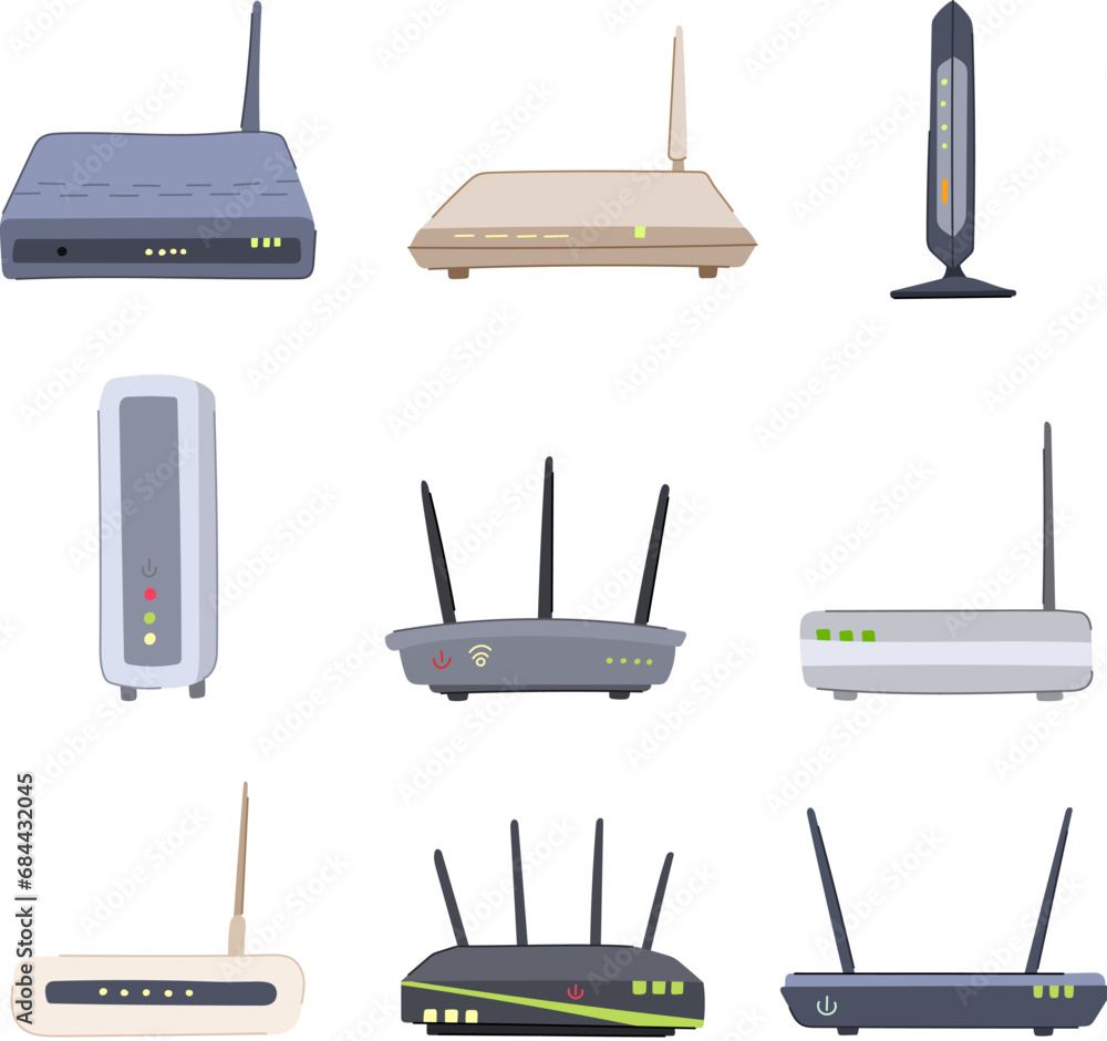 Poster dsl modem set cartoon. router communication, wireless web, wlan a dsl modem sign. isolated symbol ve