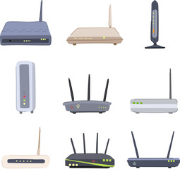 dsl modem set cartoon. router communication, wireless web, wlan a dsl modem sign. isolated symbol vector illustration - obrazy, fototapety, plakaty