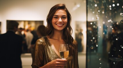 Snapshot of happy young woman with champagne glasses stand during an paintings in a museum or exhibition at the gallery.