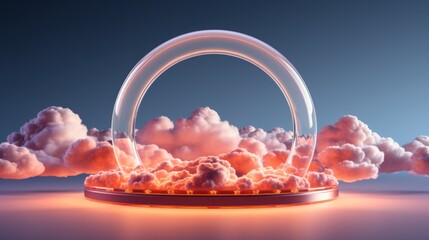 Pink clouds fire flame burn on round podium isolated background. advertisement. template. product presentation. copy text space.