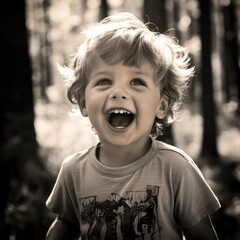 A young boy is laughing in a black and white photo. Generative AI.