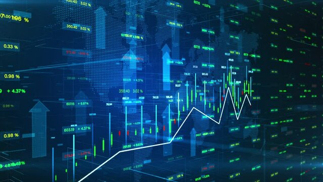 Global financial investment, Stock market up arrow, and candlestick on blue background. Financial data Information for Trading and business investment