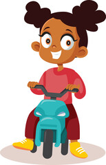Happy Little Girl Riding a Scooter Tricycle Vector Cartoon Character. Funny kid enjoying her three-wheeled bike learning to ride it 
