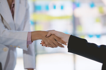 Business success. Businesspeople shake hands to confirm agreements to do business together and...