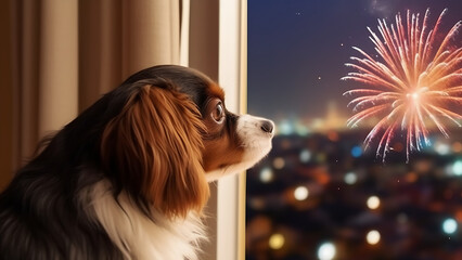 Dog looking at fireworks in window.