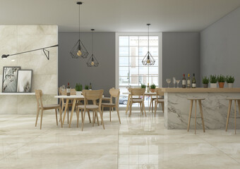 Interior of modern pub with gray walls, beige marble floor, round bar counter with stools, wooden tables with white chairs and blank mock up wall on the right. 3D Rendering
