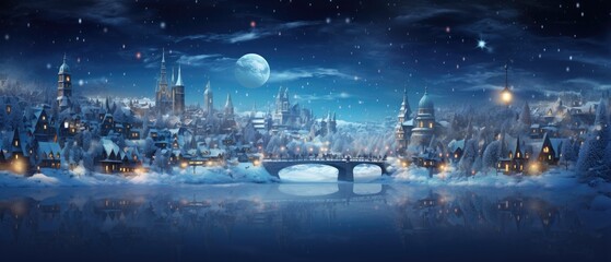 Enchanted winter landscape with snow-covered town and full moon. Holiday season background.