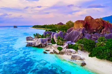 Fotobehang Anse Source D'Agent, La Digue eiland, Seychellen Drone view from above at a tropical white beach in the Seychelles, Anse Source d'Argent La Digue