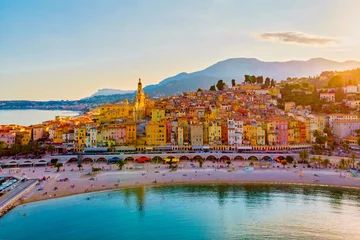  colorful old town Menton on french Riviera, France. Drone aerial view over Menton France Europe © Tudosa