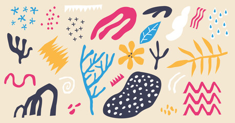 Abstract shapes and hand drawn happy summer nature art objects vector illustration. Isolated items with different colors and simple line design. Minimal ornaments painting in floral theme.