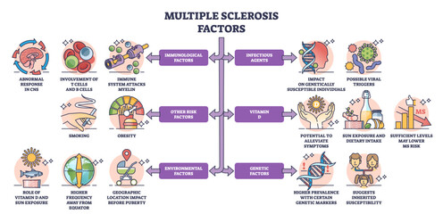 Multiple sclerosis factors as MS disease risks and causes outline diagram. Labeled educational scheme with immunological, infectious, environmental or genetic health impact issues vector illustration