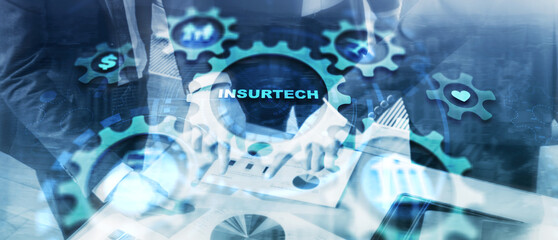 Technology icons and INSURTECH inscription, web technology concept 2023